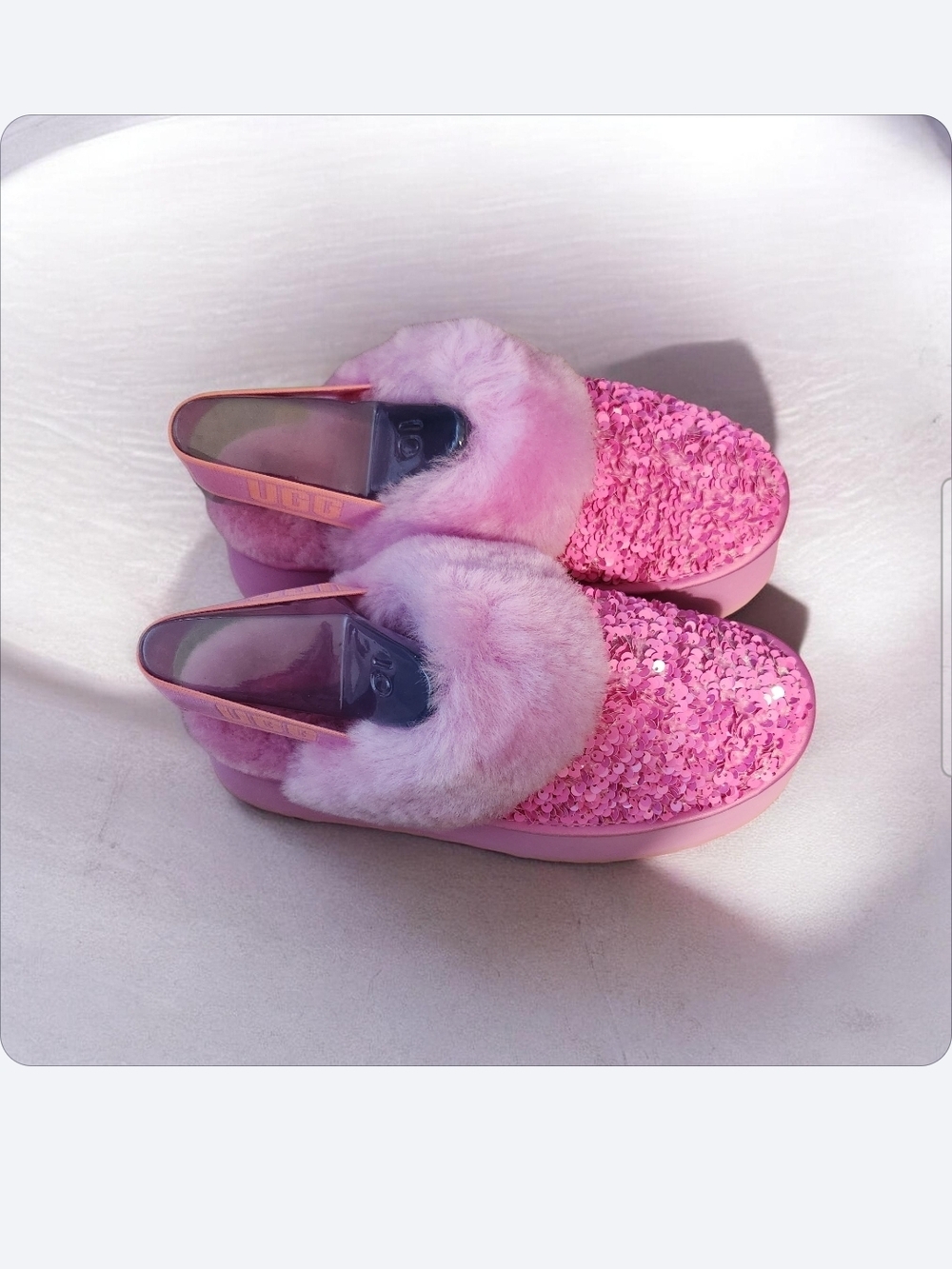UGG Pink Sequin Faux Fur Slip-On Chunky Funkette● NIB